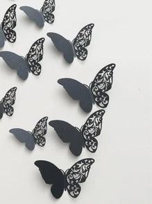 12pcs/set Black 3D Butterfly Sticker, Modern Hollow Out Design Self Adhesive 3D Butterfly Wall Decor For Home - Black - View 3