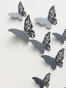 12pcs/set Black 3D Butterfly Sticker, Modern Hollow Out Design Self Adhesive 3D Butterfly Wall Decor For Home - Black - View 4