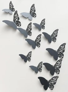 12pcs/set Black 3D Butterfly Sticker, Modern Hollow Out Design Self Adhesive 3D Butterfly Wall Decor For Home - Black - View 1