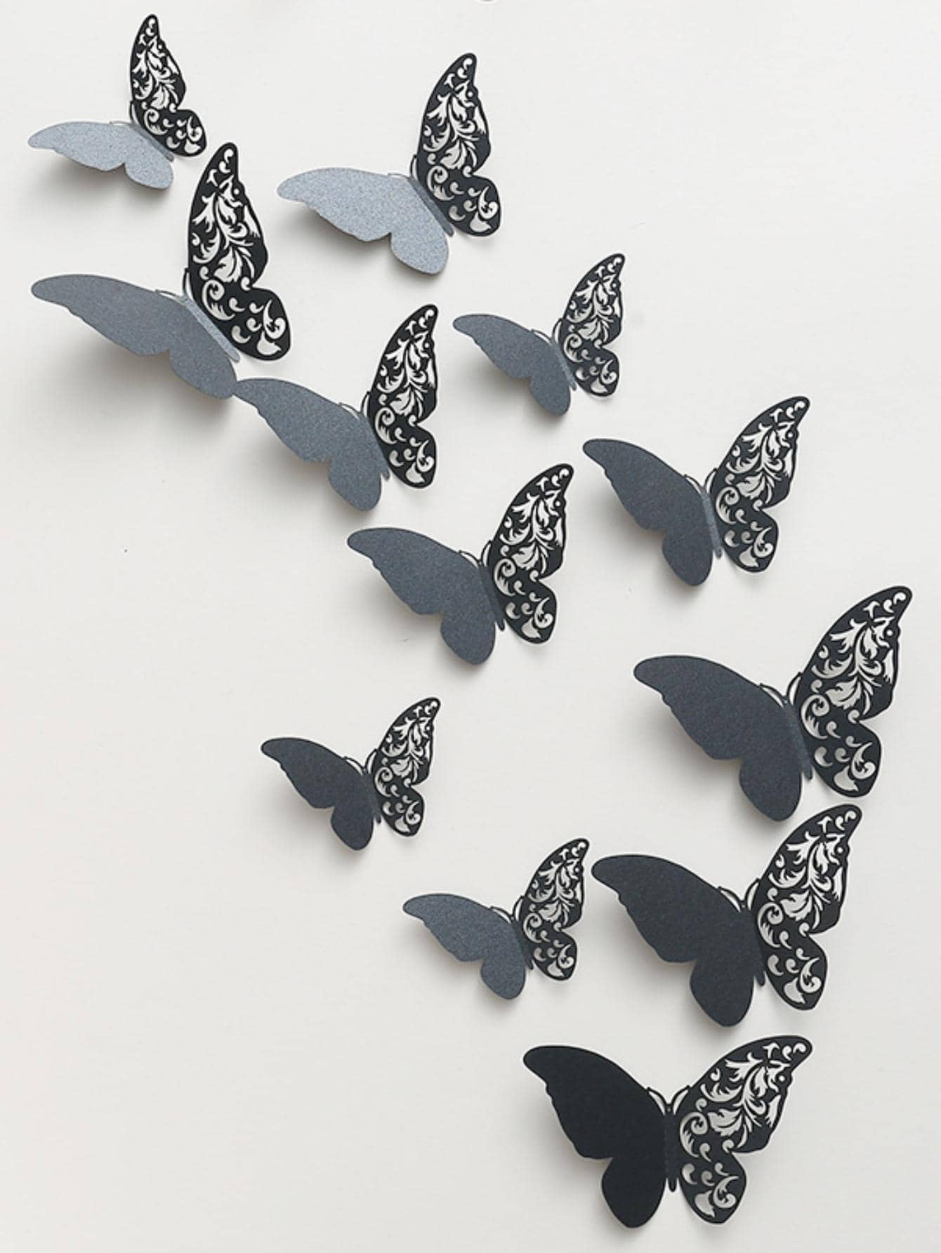 12pcs/set Black 3D Butterfly Sticker, Modern Hollow Out Design Self Adhesive 3D Butterfly Wall Decor For Home - Black - View 1