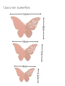 12pcs/set Pink 3D Butterfly Sticker, Modern Hollow Out Design Self Adhesive 3D Butterfly Wall Decor For Home - Coral Pink - View 2