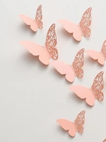 12pcs/set Pink 3D Butterfly Sticker, Modern Hollow Out Design Self Adhesive 3D Butterfly Wall Decor For Home - Coral Pink - View 3