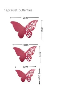 12pcs/set Red 3D Butterfly Sticker, Modern Hollow Out Design Self Adhesive 3D Butterfly Wall Decor For Home - Red - View 2