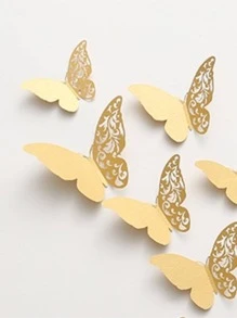12pcs/set Golden 3D Butterfly Sticker, Modern Hollow Out Design Self Adhesive 3D Butterfly Wall Decor For Home - Gold - View 3