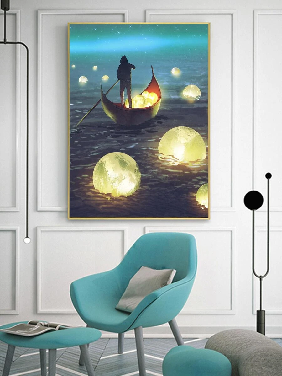1 Mặt Trăng & Hình Đồ Họa Có Khung Tranh Hiện Đại Thuyền & Hình Đồ Họa Treo Tường Tranh Nghệ Thuật Cho Trang Trí Tường Nhà - Nhiều màu - Xem 1