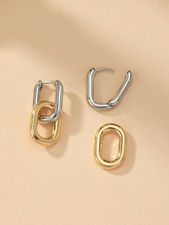 1 par enkla geometriska örhängen, blandade guld- och platinafärgade örhängen, bakre nålen kan luta efter användning, kan justeras försiktigt för hand, normalt slitage