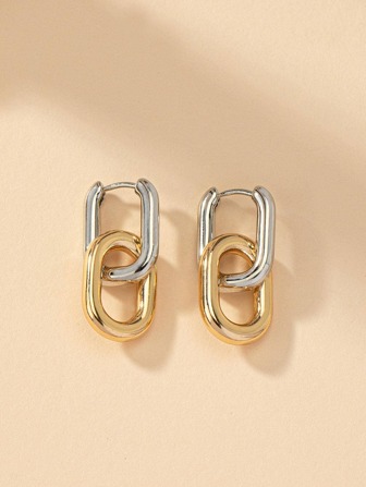 1 Pair Simple Geometric Earrings, Mixed Gold & Platinum Color Hoop, Back Needle May Tilt After Wearing, Can Be Adjusted Gently By Hand, Normal Wear