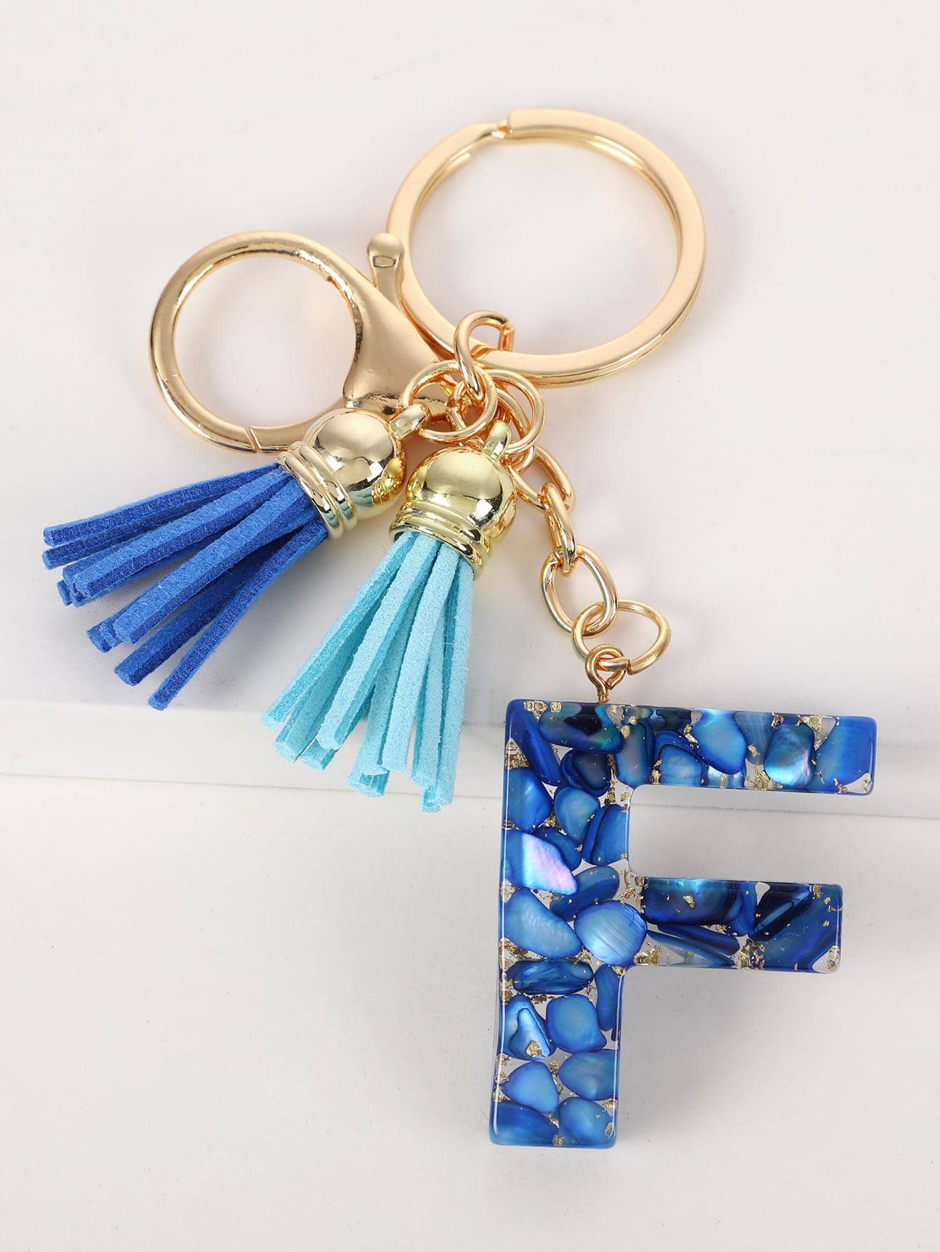 流蘇和字母墜飾鑰匙圈 - 藍色 - 查看 1