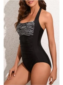 Tummy Control Swimwear Halter One Piece Slimming Vintage Retro Swimsuit Womens Ruched Push Up Bathing Suit - Black - View 5
