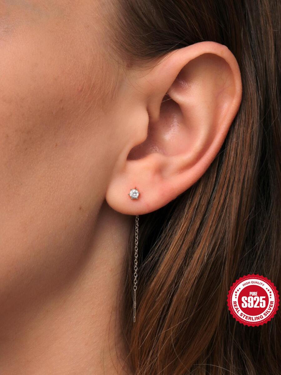 1對時尚方晶鋯石裝飾銀耳線適合女士日常裝飾 - 銀色 - 查看 1