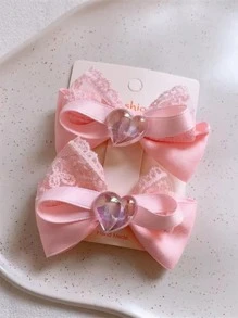 2入組女士心和蝴蝶結裝飾可愛鴨嘴夾適用於頭髮裝飾用品 - 粉色 - 查看 3