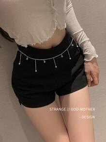 1件装女士水钻和仿珍珠吊坠链条腰带，适合街头夏季、学校秋季、万圣节等场合。