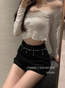 1件装女士水钻和仿珍珠吊坠链条腰带，适合街头夏季、学校秋季、万圣节等场合。