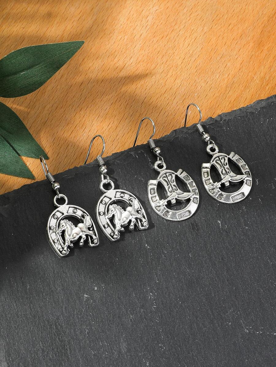 2對/套時尚鋅合金馬和靴子裝飾耳墜適合女士日常裝飾 - 復古銀色 - 查看 1
