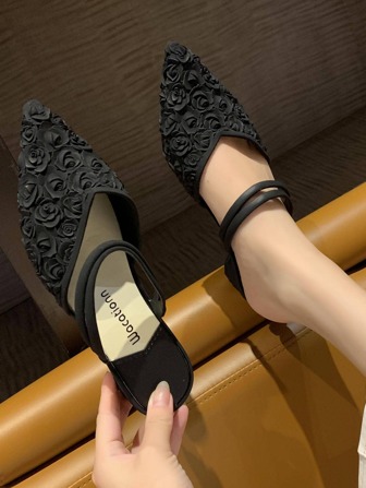 Elegant Black Shoes For Women, Floral Embossed Point Toe Court Wedge Shoes