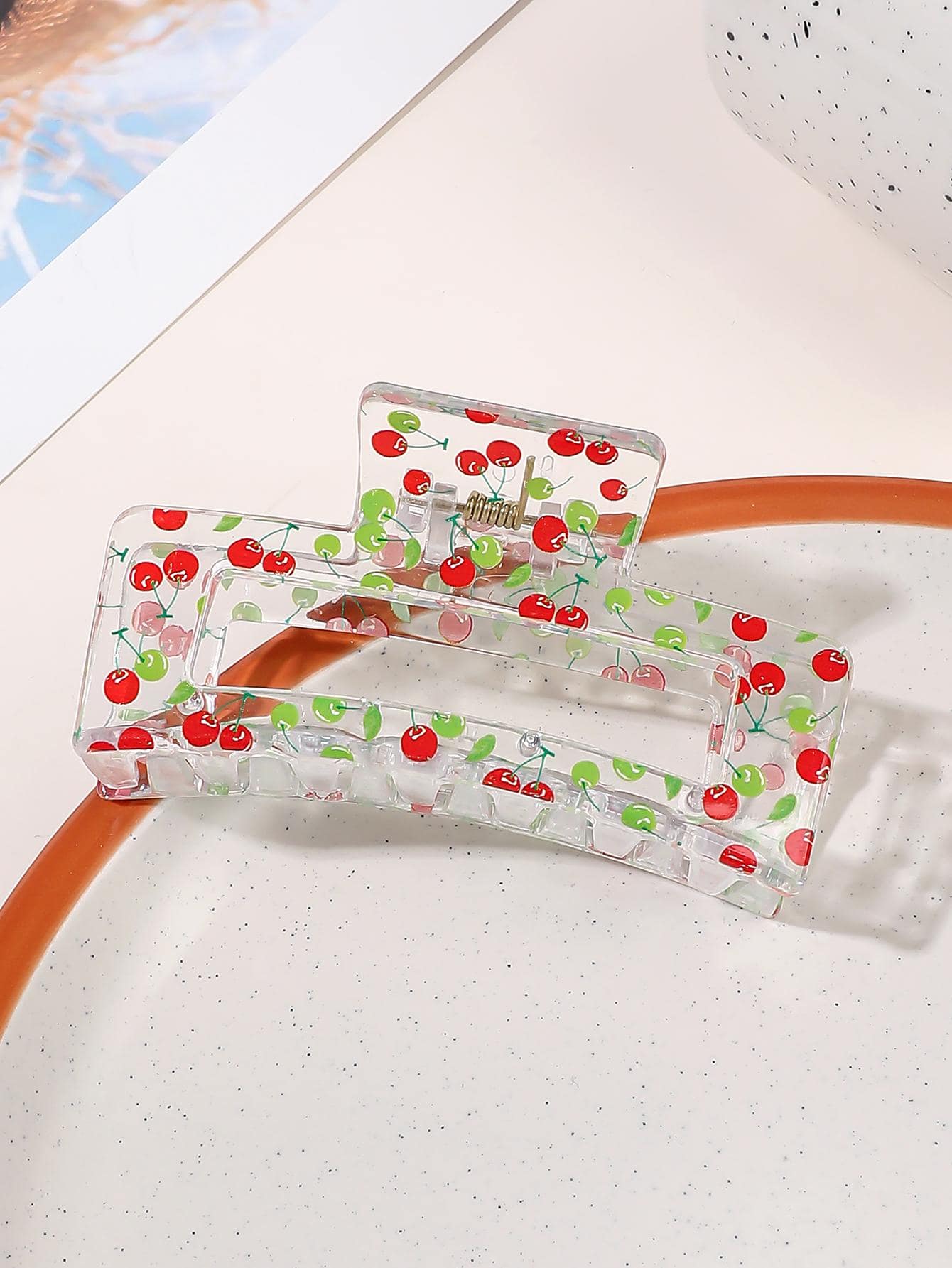 1pc 8.5cm Square Cherry Fruit Print Hair Claw Claw Clips Hair Clips Hair Jaw Clip Hair Clamps Hair Clutch Hair Catcher Clip, School Stuff, College Fall Winter Hair Accessories For Women For Vacation Outfits Woman
