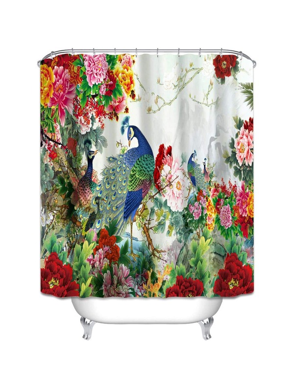 1pc Polyester Shower Curtain, Modern Peacock & Floral Print Waterproof Shower Curtain For