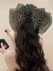 1個女士亮片蝴蝶結馬尾彈簧夾,優雅而優美的公主頭飾,適合日常使用 - 黑色 - 查看 1