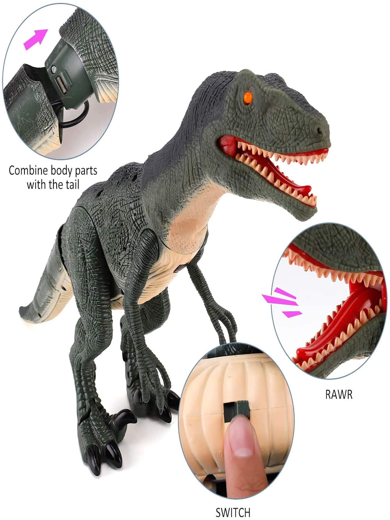 Dinosaur Toys, Remote Control R/C Walking Dinosaur Toy with Shaking Head, Light Up Eyes & Sounds (Velociraptor), Gift for kids - 墨綠色 - 查看 1