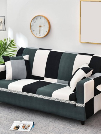 1pc Plaid Pattern Sofa Slipcover With 1pc Cushion Cover, Modern Polyester Stretchy Sofa Slipcover For Home, All Season