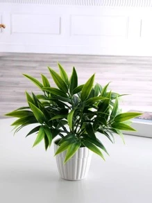 1pc Artificial Potted Plant, Green Plastic Fake Leaf With Pot For Home Decor - Green - View 2