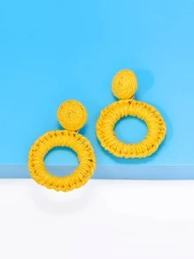 1pair Raffia Woven Circle Pendant Drop Earrings For Women's Vacation Style - Yellow - View 2