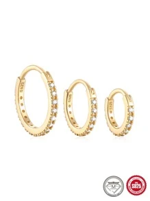 3 cái/bộ Châu Âu và Americana Thời Trang Đơn Giản Moissanite Đá Garnet Cổ Điển 6/8/10mm Huggie Bạc Đôi Khuyên Tai Vòng - Vàng - Xem 3