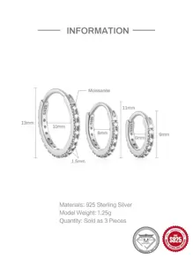 Cái/bộ Đơn Giản & Thời Trang Nguyên Chất Moissanite Kim Cương Giả Cổ Điển Đa Năng 6/8/10 MM Bạc Đôi Khuyên Tai Vòng - Bạc - Xem 4