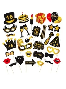 30pcs Black Gold Photobooth Prop For 16th,18th,21st,30th,40th,50th,60th Birthday Black Theme Men Party Decorations - Multicolor - View 8