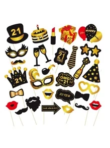 30pcs Black Gold Photobooth Prop For 16th,18th,21st,30th,40th,50th,60th Birthday Black Theme Men Party Decorations - Multicolor - View 2
