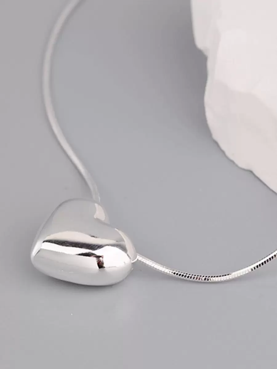 1 件光面 3D 心形项链，简约心形颈链，适合女士 - 銀色 - 查看 1