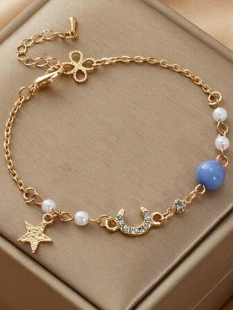 1 件時尚女星月吊飾手鍊與珍珠裝飾