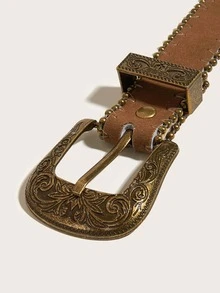 1入組女性珠子裝飾牛仔字母搭扣腰帶適用於日常 - 棕色 - 查看 4