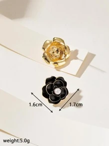 1對不對稱復古山茶花和人造珍珠甜美簡約耳釘高級感 - 黑與白 - 查看 4