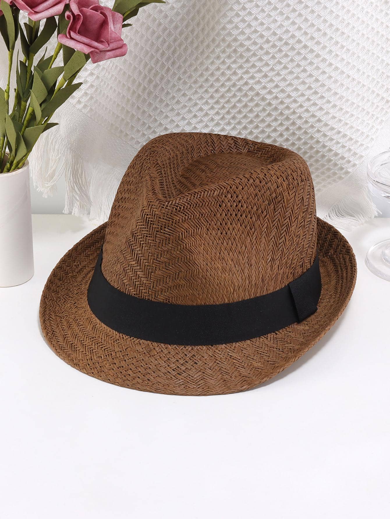 1入組女士雙色透氣波西米亞草編帽適用於戶外遊玩 - 棕色 - 查看 1