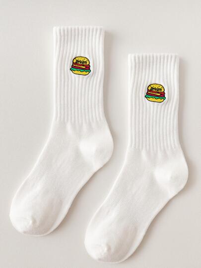 1 par de calcetines media pantorrilla deportivos retro blancos con bordado de hamburguesa para hombre
