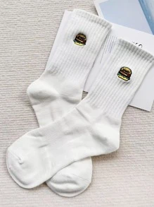 1pair Men's White Embroidered Hamburger Retro Sports Mid-Calf Socks - White - View 3