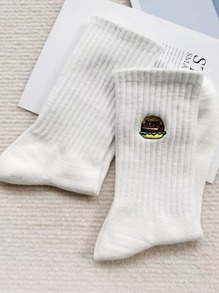 1pair Men's White Embroidered Hamburger Retro Sports Mid-Calf Socks - White - View 4
