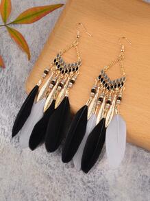 羽毛圖案流蘇耳墜 - 彩色 - 查看 1