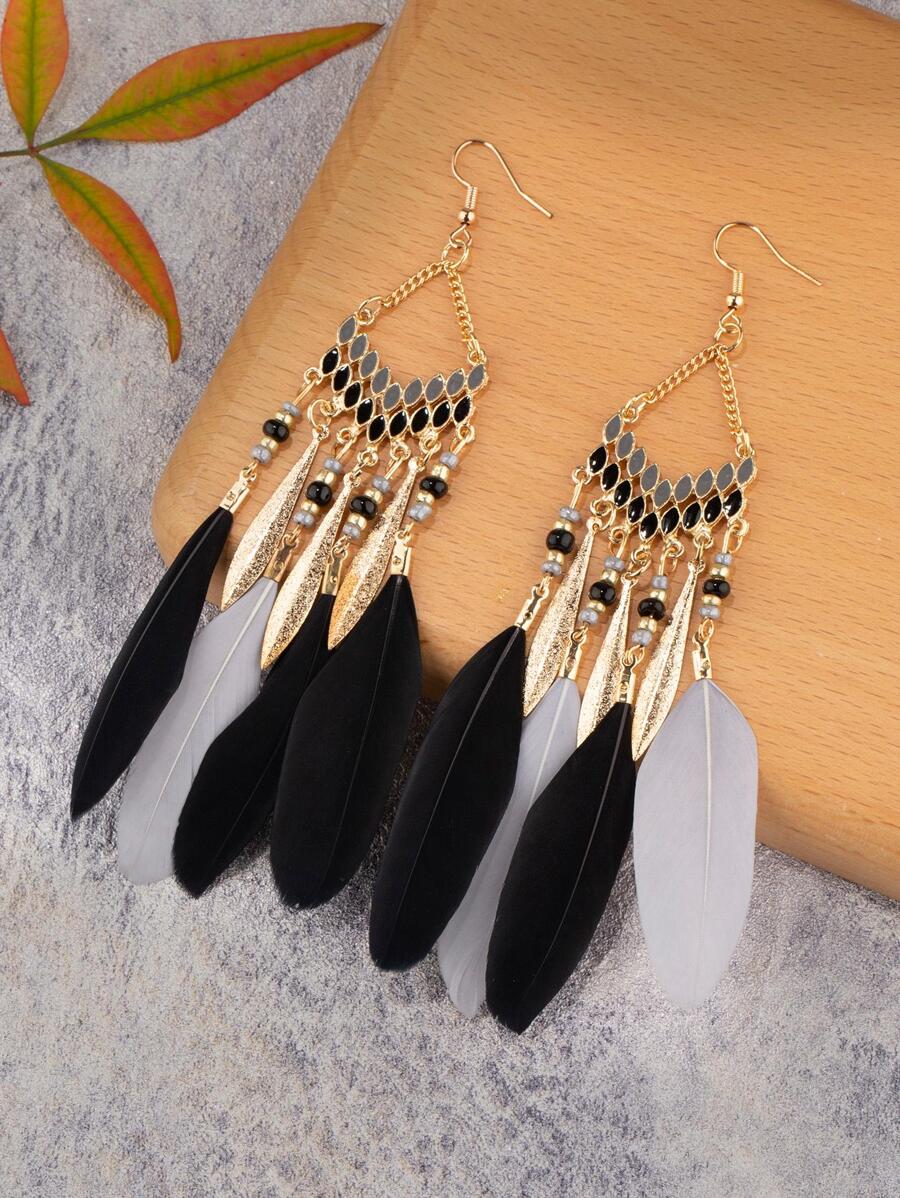 羽毛圖案流蘇耳墜 - 彩色 - 查看 1