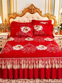 1pc Flower Pattern Bed Skirt, Modern Fabric Bed Skirt For Home - Multicolor - View 1