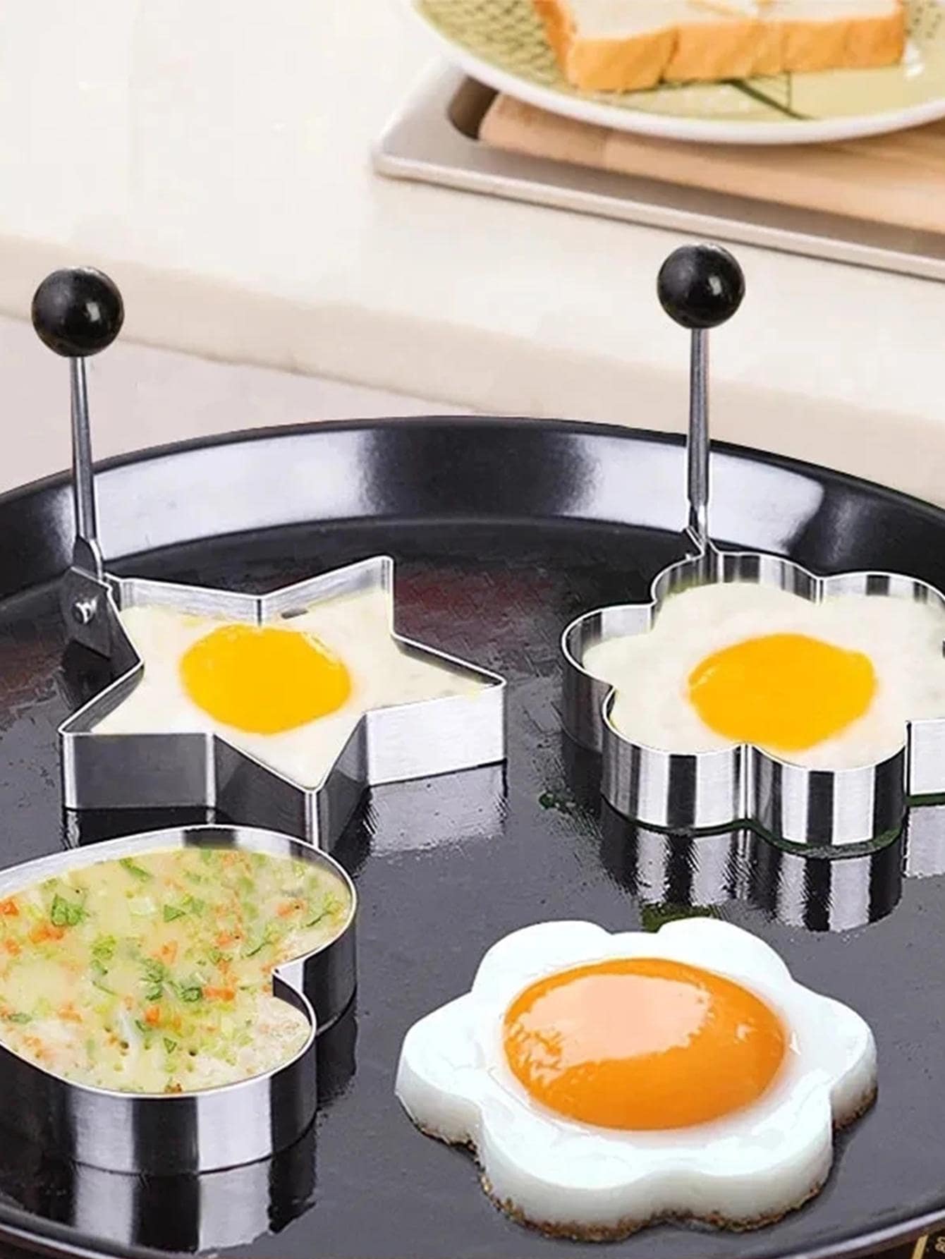 5 piezas Anillo para freír huevo de acero inoxidable huevo moderno con corazón & con diseño floral para casa - Plateado - Ver 1