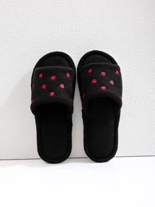 女性愛心刺繡毛茸茸臥室滌綸時尚家居拖鞋 - 黑色 - 查看 1