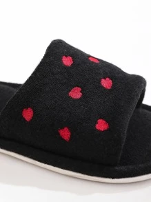 女性愛心刺繡毛茸茸臥室滌綸時尚家居拖鞋 - 黑色 - 查看 2