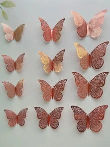 12pcs/set Paper Butterfly Sticker, Cute Hollow Out Self Adhesive 3D Butterfly Wall Decor For Home - Rose Gold - View 4