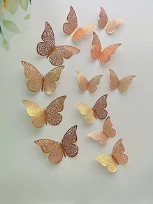 12pcs/set Paper Butterfly Sticker, Cute Hollow Out Self Adhesive 3D Butterfly Wall Decor For Home - Rose Gold - View 2