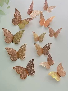 12pcs/set Paper Butterfly Sticker, Cute Hollow Out Self Adhesive 3D Butterfly Wall Decor For Home - Rose Gold - View 1