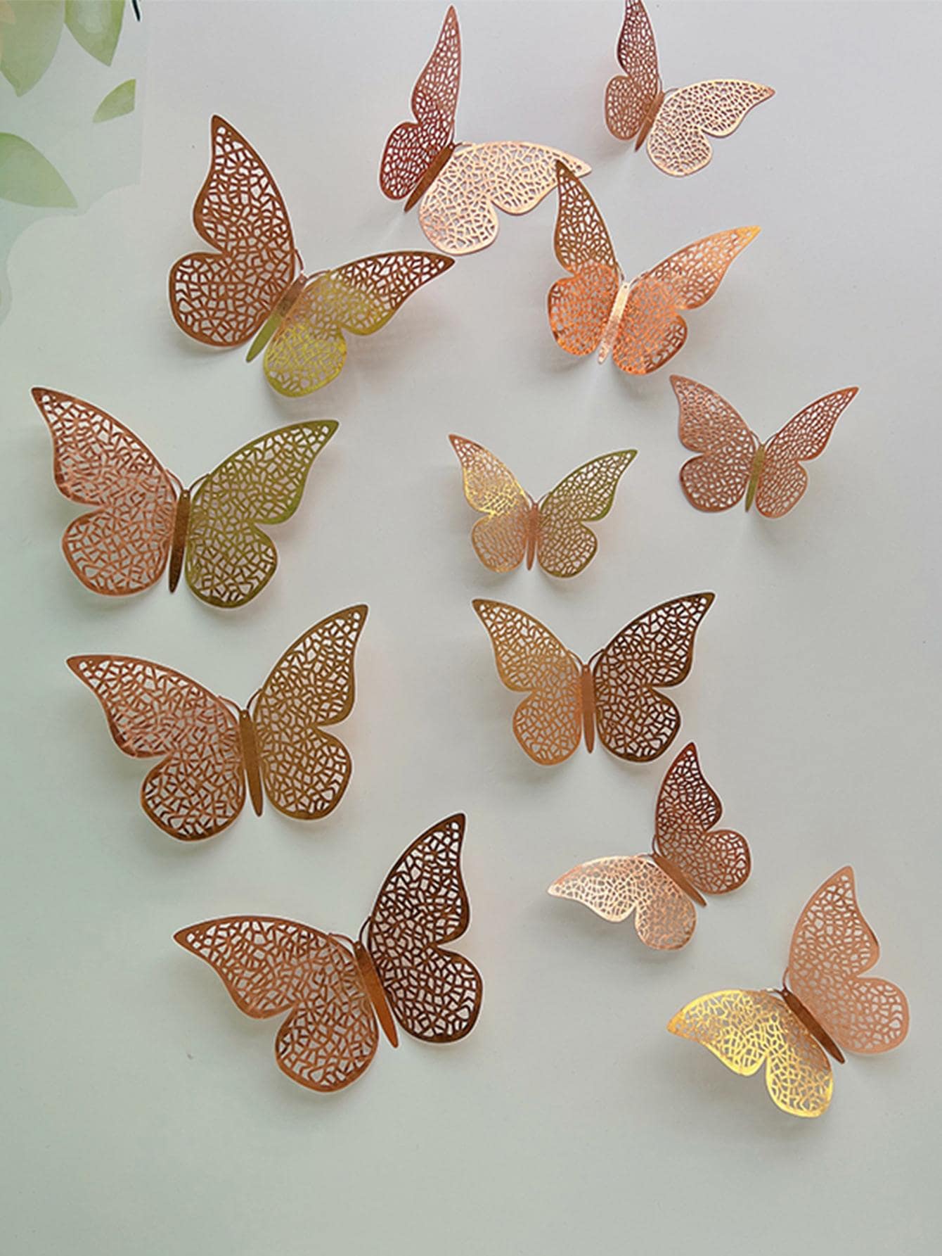 12pcs/set Paper Butterfly Sticker, Cute Hollow Out Self Adhesive 3D Butterfly Wall Decor For Home - Rose Gold - View 1