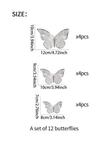 12pcs/set Paper Butterfly Sticker, Cute Hollow Out Self Adhesive 3D Butterfly Wall Decor For Home - Silver - View 5