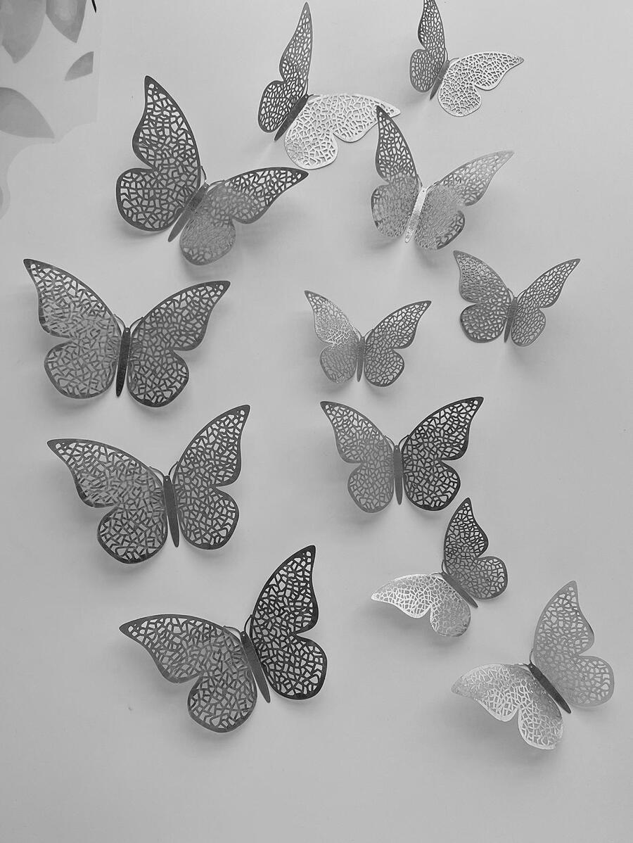 12pcs/set Paper Butterfly Sticker, Cute Hollow Out Self Adhesive 3D Butterfly Wall Decor For Home - Silver - View 1